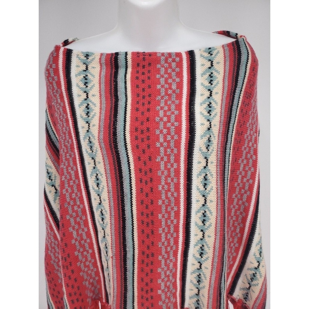 Womens Red Southwestern‎ Geometric Knit Poncho Tassel Fringe Boho Wrap One Size